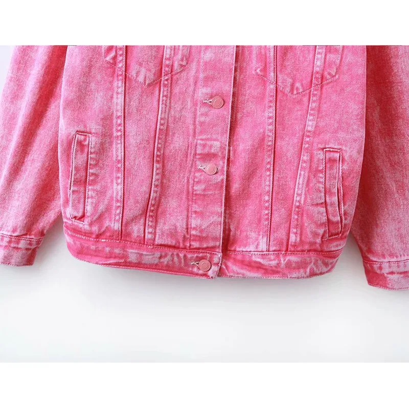 

New Vintage Women Jacket Autumn Winter Oversize Pink Denim Jackets Washed Blue Jeans Coat Turn-down Collar Outwear Bomber Jacket