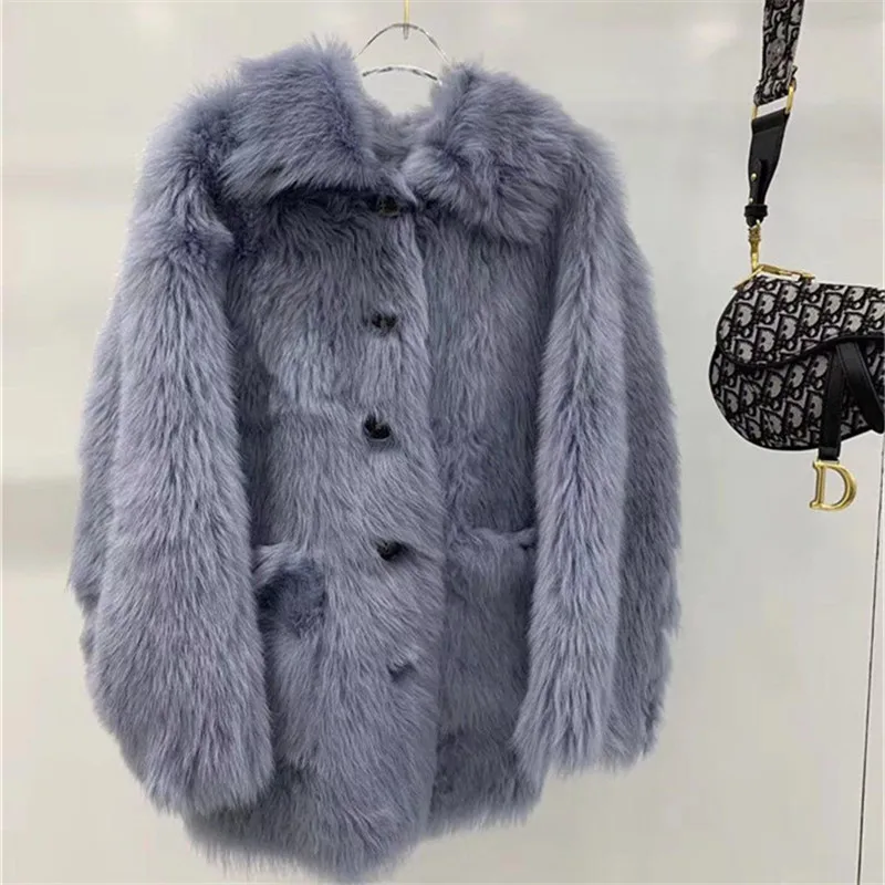 blue Женская шуба из натуральной шерсти, Толстая теплая Осенняя зимняя овечья шерсть, меховая куртка, двусторонняя - Цвет: blue