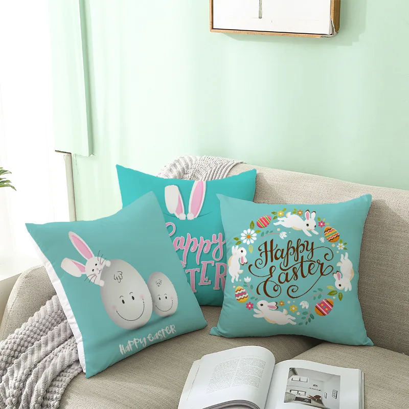 

Easter Peach Pillowcase With Lake Blue Bunny Egg Print Cushion Cover Easter Home Decor Cushion Cover 2021 New 1Piece