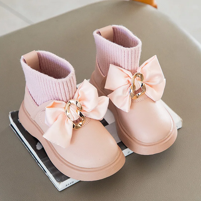 

Winter Kids Baby Girls Boots Cute Bowknot Shoes Children Plush Velvet Cotton Boots Fashion Girls Warm Soft Sole Leather Boots