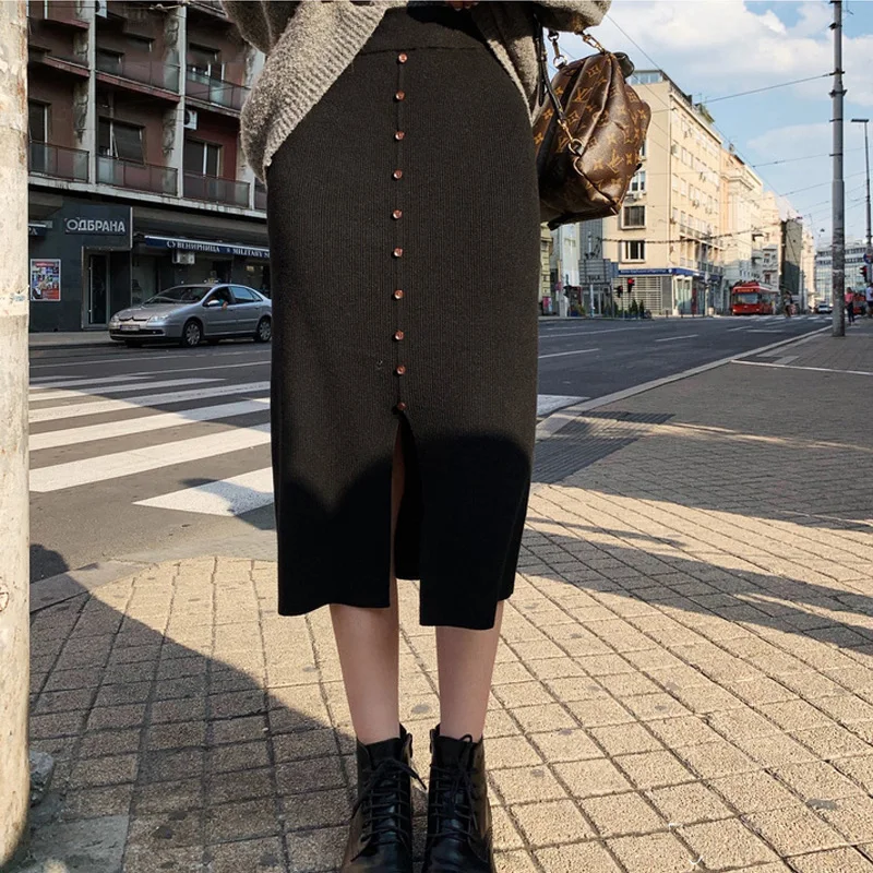 2019 Осень Зима Толстая Женская трикотажная юбка однобортная бедра посылка
