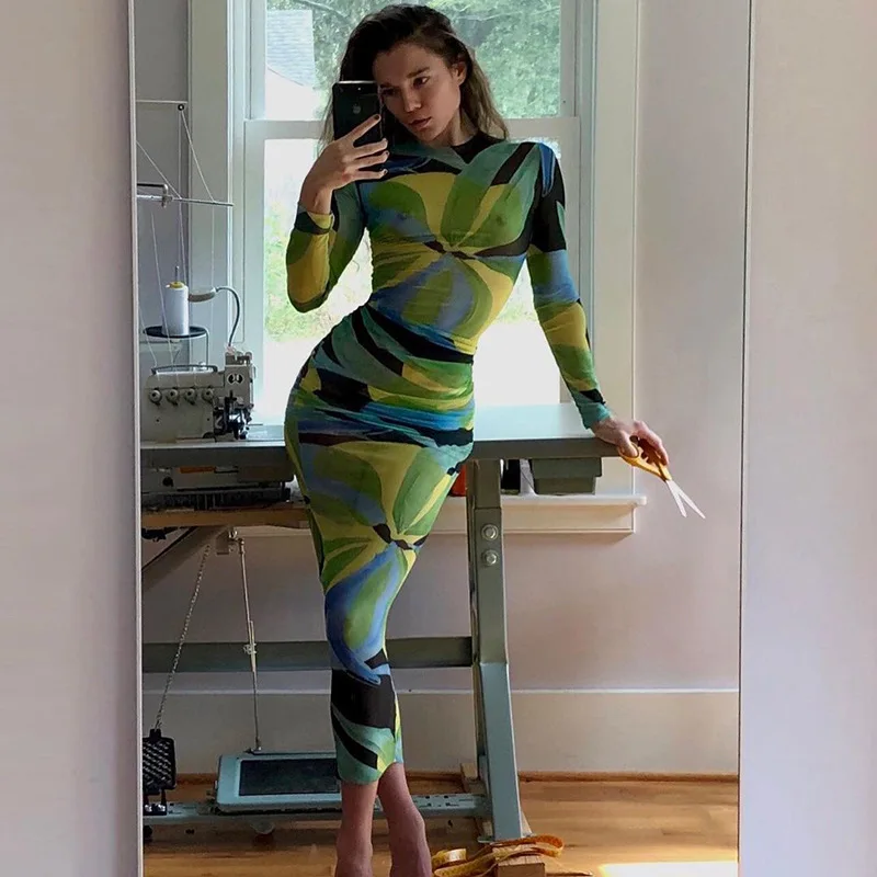 

Adogirl Women Summer See Through Party Mesh Dress Plant Print Sexy Club Outfit Long Sleeve Bodycon Midi Dresses Y2k Streetwear