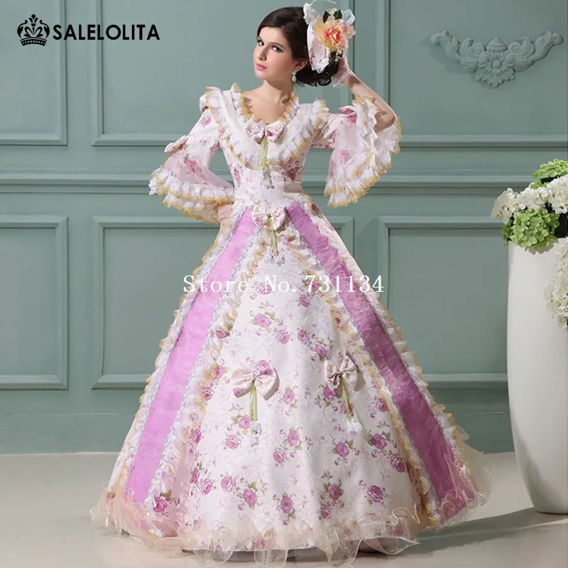 

Custom Print Bow Victorian Medieval Wedding Gowns Civil War Southern Belle Ball Gown Marie Antoinette Dresses