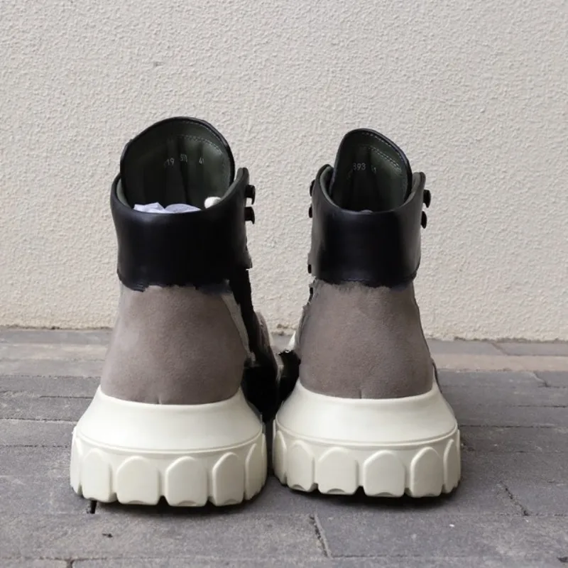 

High-Top Platform Men Casual Lace Up Patchwork Motorcycle Ankle Boots Unisex Height Increasing Work Sneakers Hip Hop Shoes