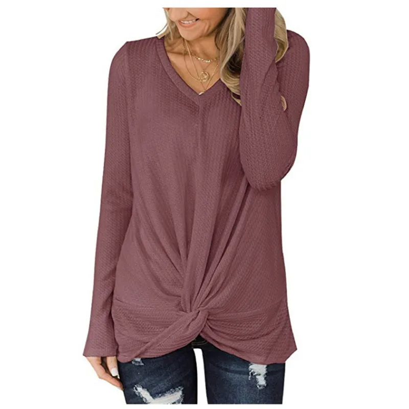 

Women V-Neck Waffle Loose Autumn T Shirts 2020 New Ladies Long Sleeve Winter Kink Tee Shirt Feminine Plus Size Fashion Knit Tops