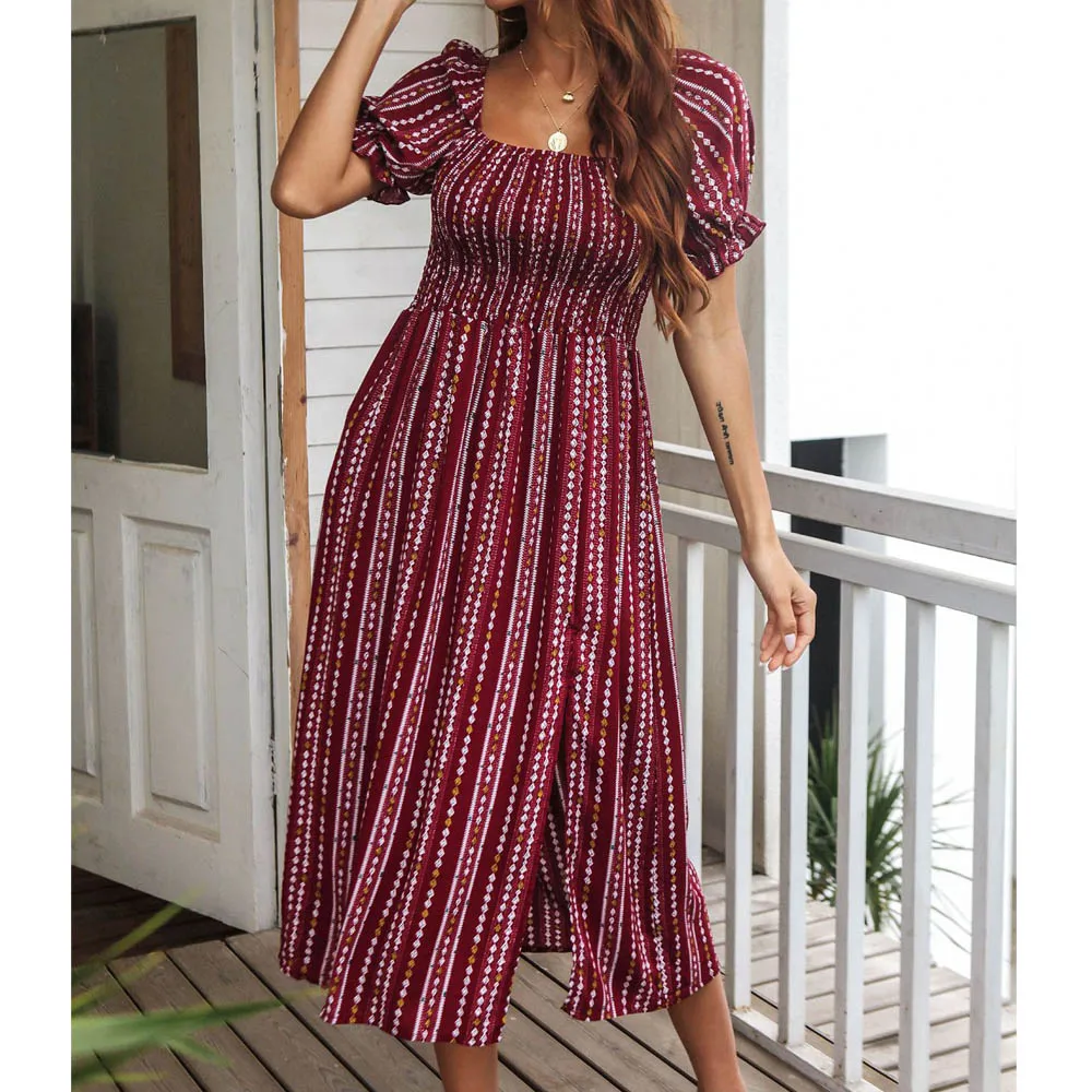 

Square Collar Women Dress Summer Contrast Color Striped Printed Puff Sleeve Holiday Elegant Long Split Dresses 2021 Short Sleeve