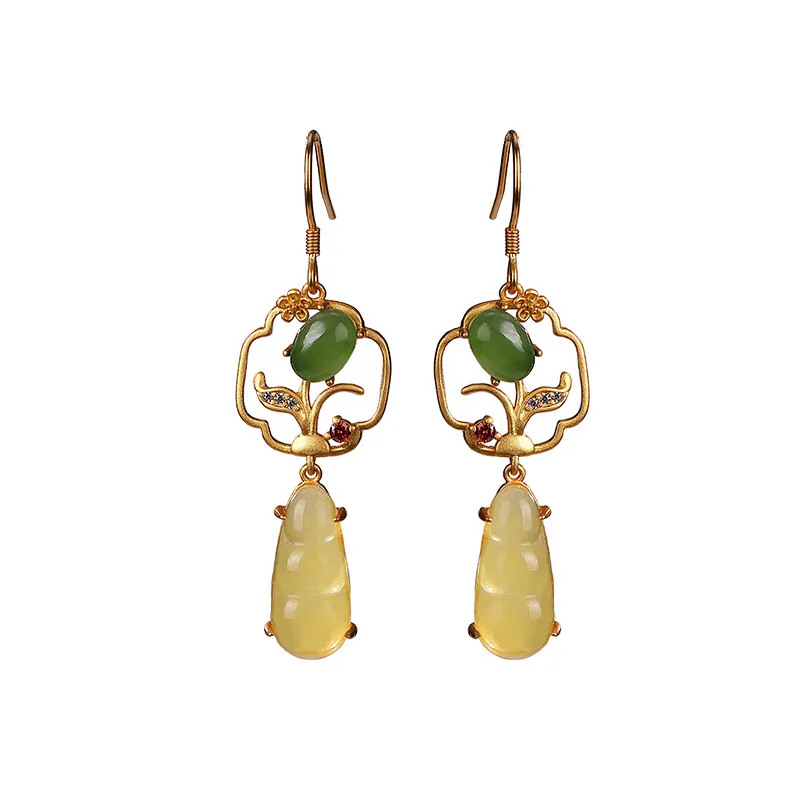 925 sterling silver gold-plated natural beeswax Jasper earrings retro personality pea eardrops ear hooks earrings