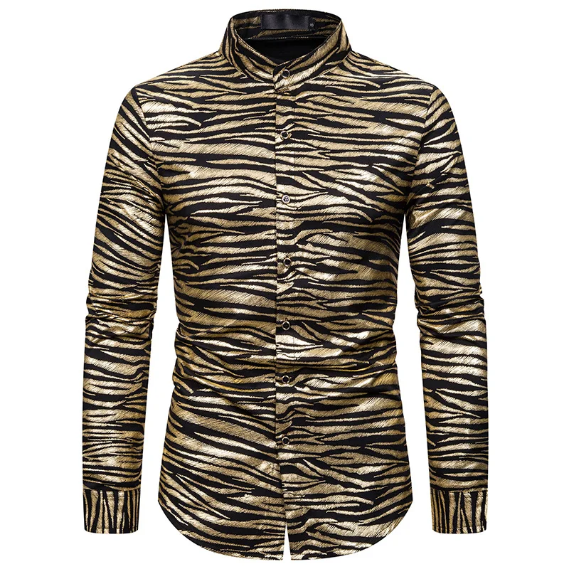 

LUCLESAM Men Tiger Skin Print Bronzing Shirt Mens Long Sleeve Button Up Dress Shirt Stage Costumes Disco