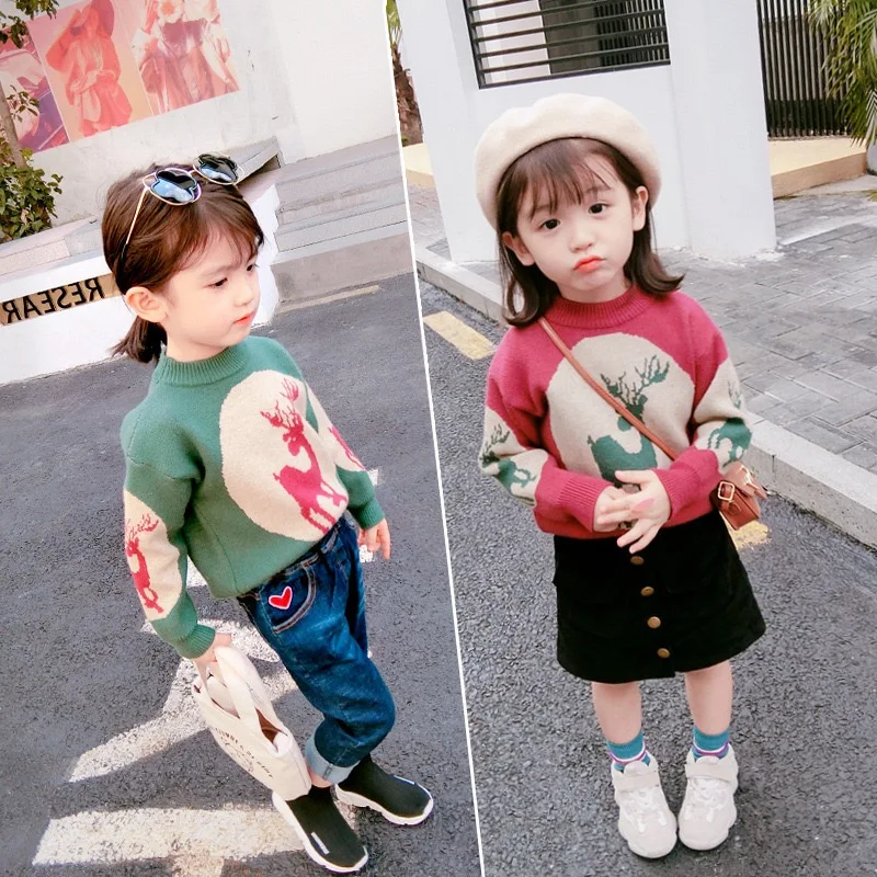 Детский зимний теплый свитер топы с изображением олененка Рождественский