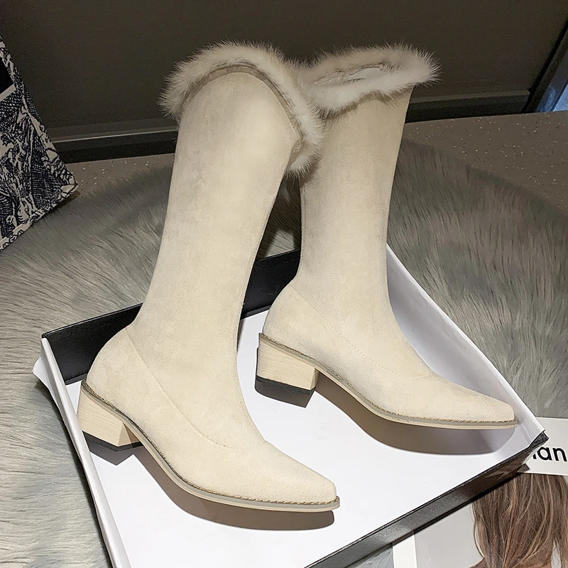 

Женские сапоги без застежки, повседневные теплые сапоги до колена, с острым носком, на квадратном каблуке, зимняя обувь, размеры 34-40, 2021