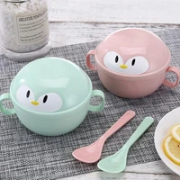 2pcsset baby bowl non slip bottom thermal insulation cartoon penguin children feeding dish spoon set for home