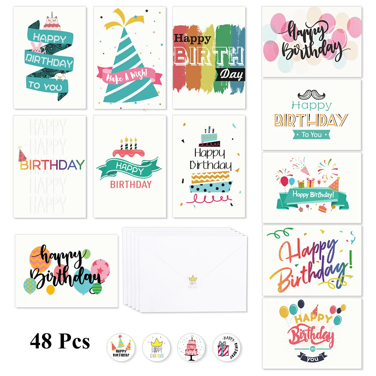 

Partykindom 48PCS Birthday Cards With 48PCS Envelopes 48PCS Stickers