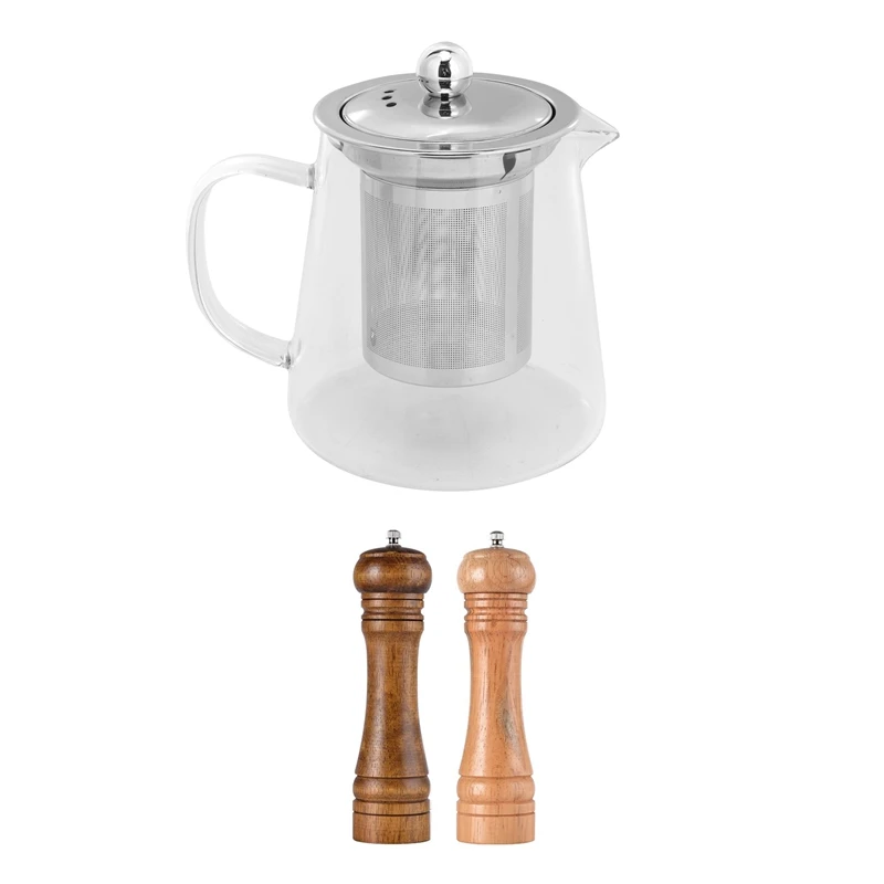 

1 комплект 5 размеров хороший прозрачный чайник из боросиликатного стекла и 2 мельницы для соли и перца, Дубовая деревянная мельница для соли...