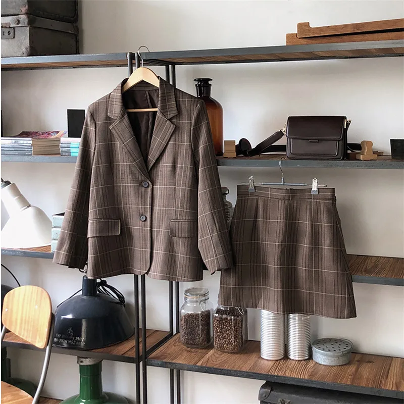 

CBAFU Retro Plaid Casual Blazer Coat + High Waist Pencil Skirt Set Women Vintage Spring Two Piece Sets Office Matching Set F685