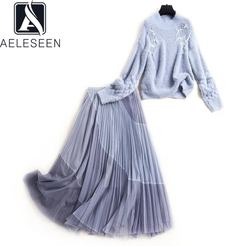 

AELESEEN Women Autumn Winter 2 Pieces Set Runway Fashion Blue Beading Feather Knitted Sweater+Pleated Skirt Casual Twinset