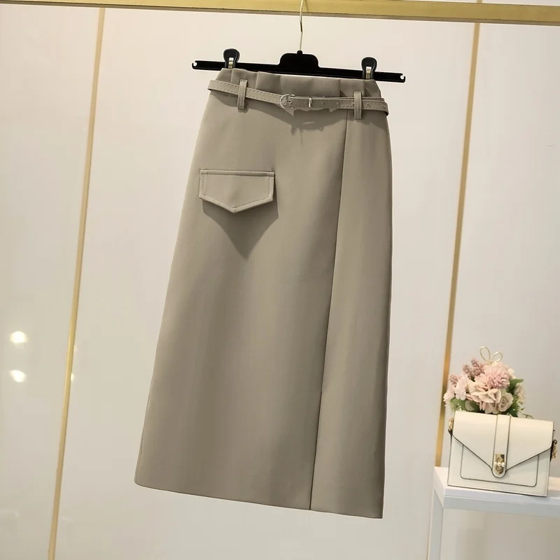 

Женская юбка с завышенной талией, трапециевидная базовая юбка средней длины до колен с разрезом, в Корейском стиле, осень 2021