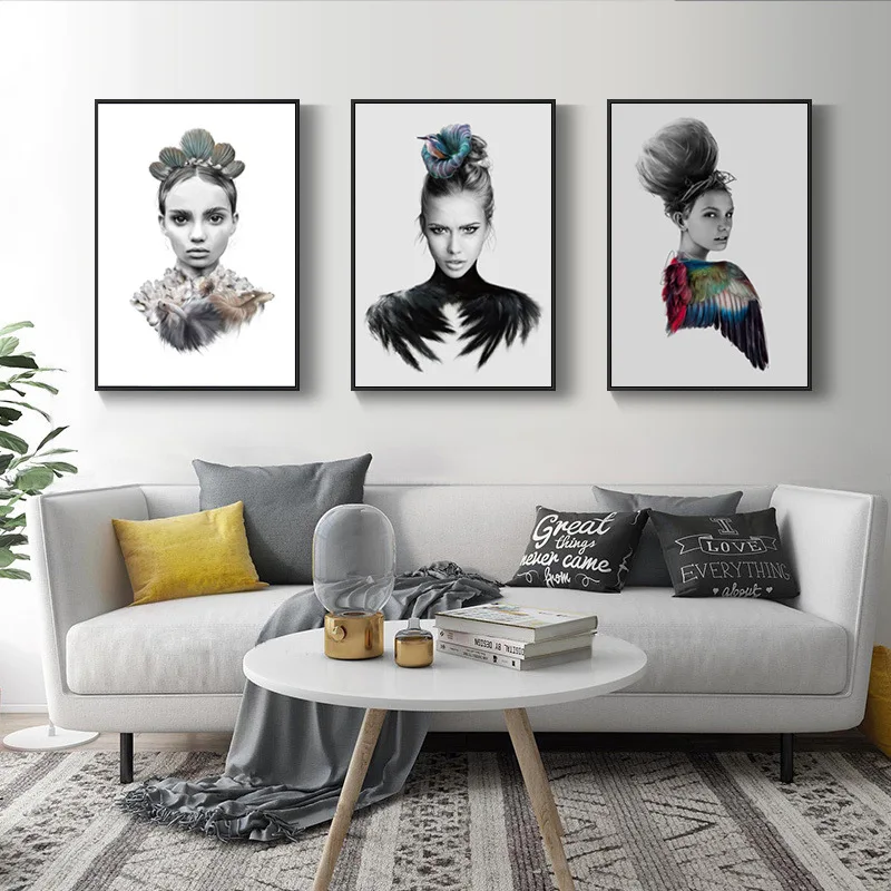 Настенный плакат в скандинавском стиле белая и черная красивая птица женщины с