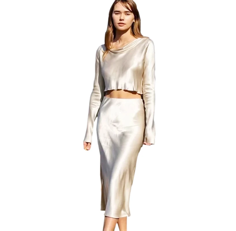 Новинка 2020 атласные спортивные костюмы для женщин топы с длинными рукавами + юбка