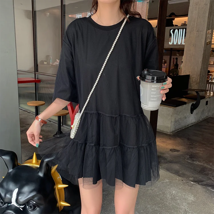 Плиссированное Платье-футболка повседневное корейское лоскутное Сетчатое