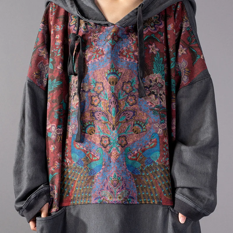 

Johnature Vintage Hooded Sweatshirt Print Floral Autumn Women Sweatshirt Loose 2021 Fall Winter New Loose Pullover Sweatshirt