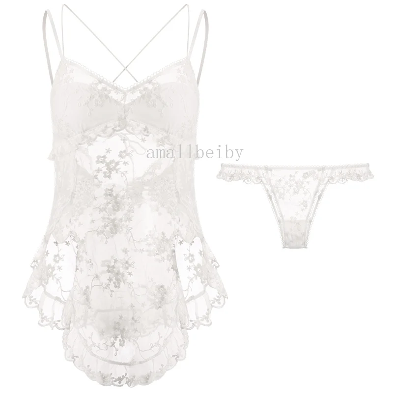 Белая сексуальная ночная рубашка с открытой спиной вышитая Цветочная кружевная