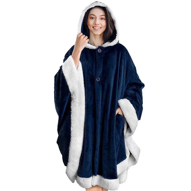 

YIZZHOY 2021 New Winter Adult Hooded Cloak Casual Pockets Soft Plush Cloak Shawl Oversize Ponchos Wool Fleece Stayhome Style