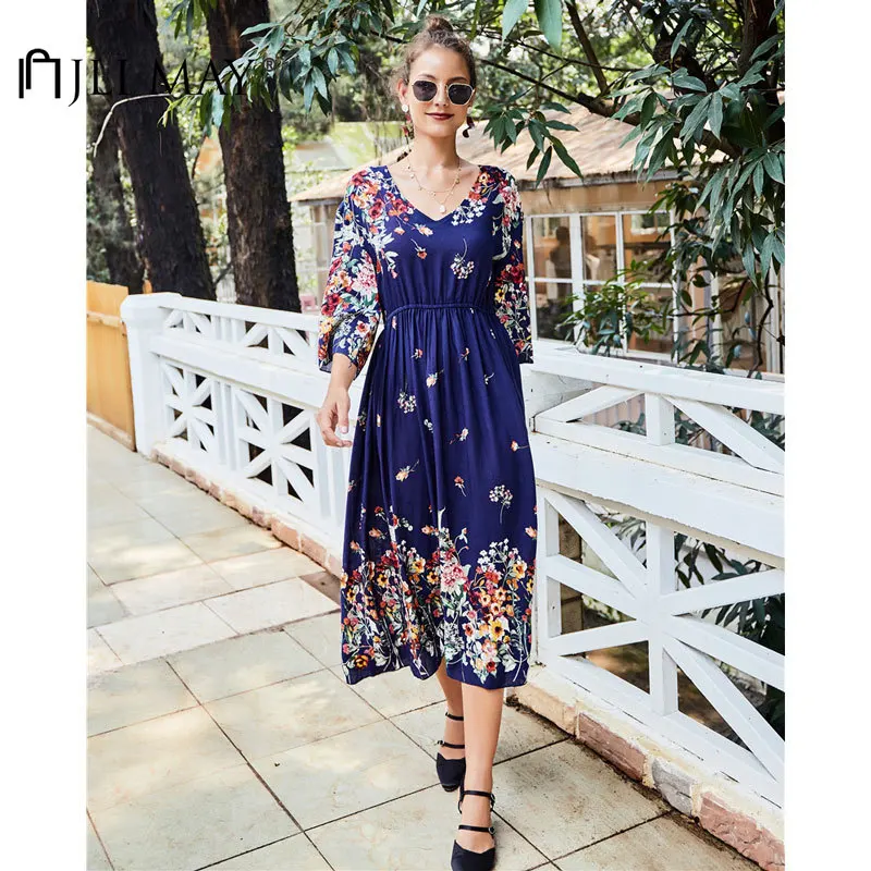 

JLI MAY Women Dresses Cotton England Style Print V-Neck Wrist Sleeve Empire A-Line Slim Sundress Summer Midi Dress
