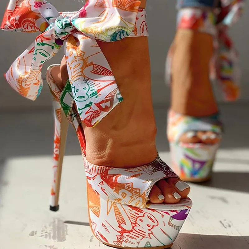 

Lucyever Summer Women's Print Gladiator Sandals Sexy Stiletto High Heels Shoes Woman Ankle Strap Platform Sandals Female Pumps