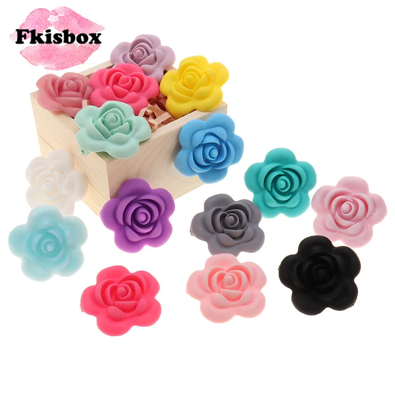 Fkisbox 10pcs Silicone Rose Baby Teether Beads BPA Free Flower Pearl Teething Jewelry DIY Pacifier Chain Charming Nursing Toys