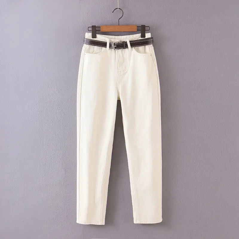 

2021 fashion women mom jeans pants with belt long trousers strethy waist pockets zipper female pants latest