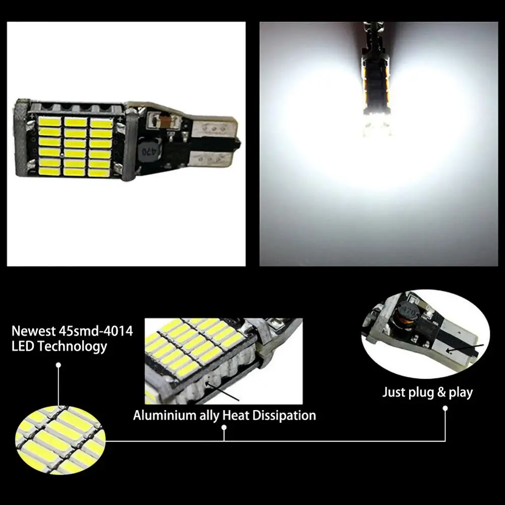 10 шт. T15 светодиодный 6000K белый головной светильник 45 SMD 4014 ошибок W16W заднего хода