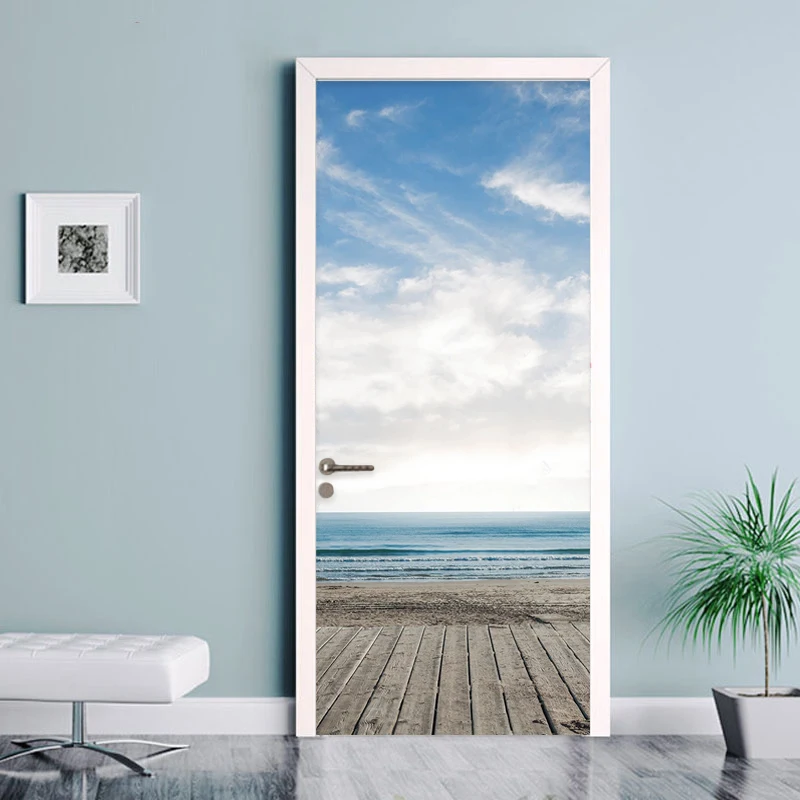 

3D Door Murals Blue Sky and White Clouds Sea Wallpaper Living Room Kitchen Door Decoration Pvc Self-Adhesive Waterproof Stickers