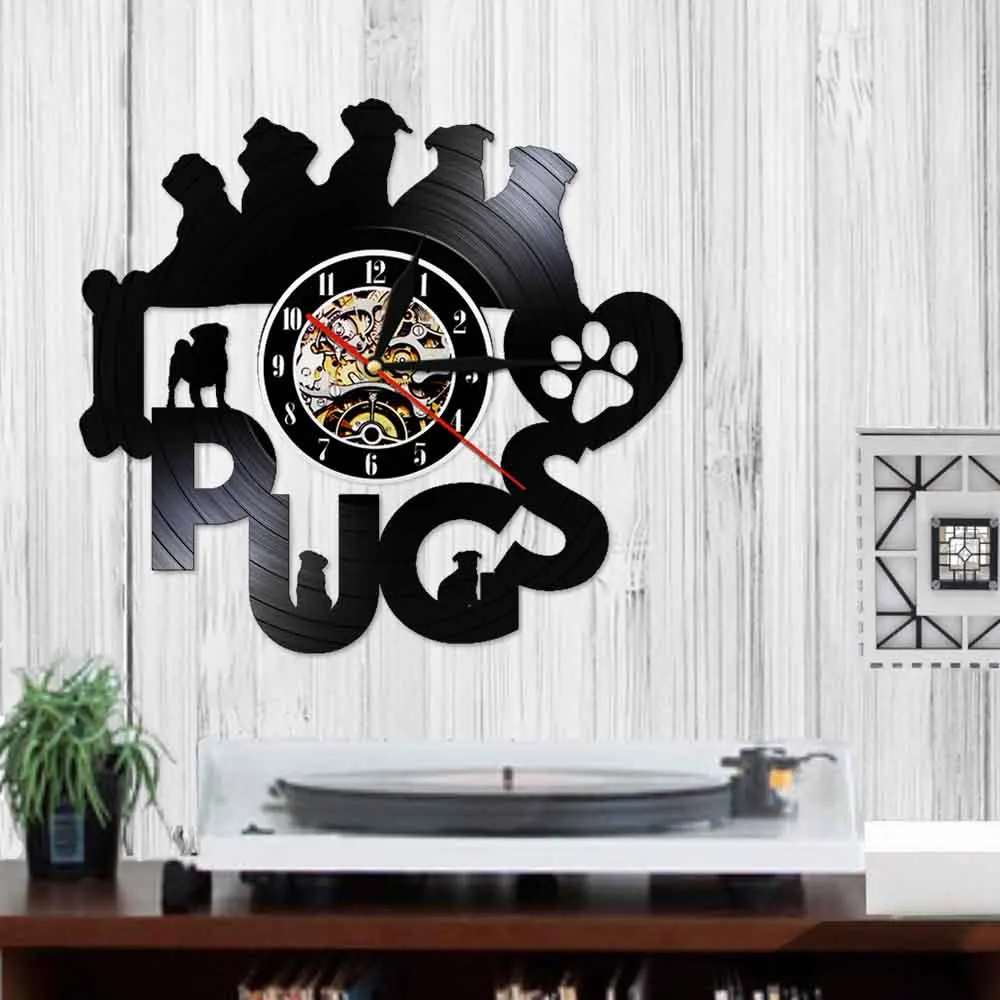Pug Time Funny Puppy Cute Dog Vintage Vinyl Record Wall Clock Silent Movement Retro LP Arts &amp Crafts Decorative Watch | Дом и сад