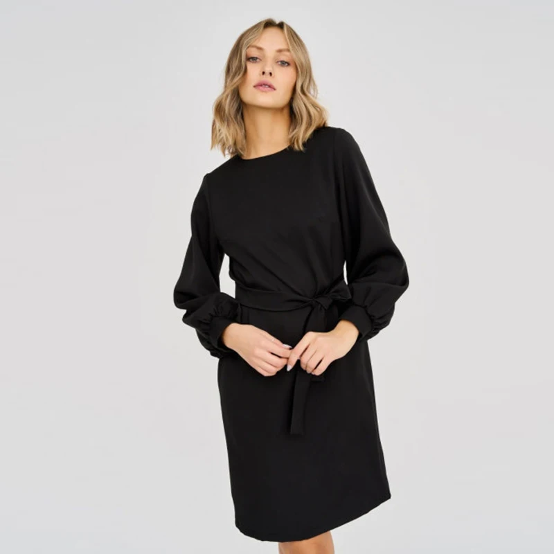 

Женское офисное платье с поясом Shyloli, однотонное Повседневное платье с круглым вырезом и рукавами-фонариками, осень 2021