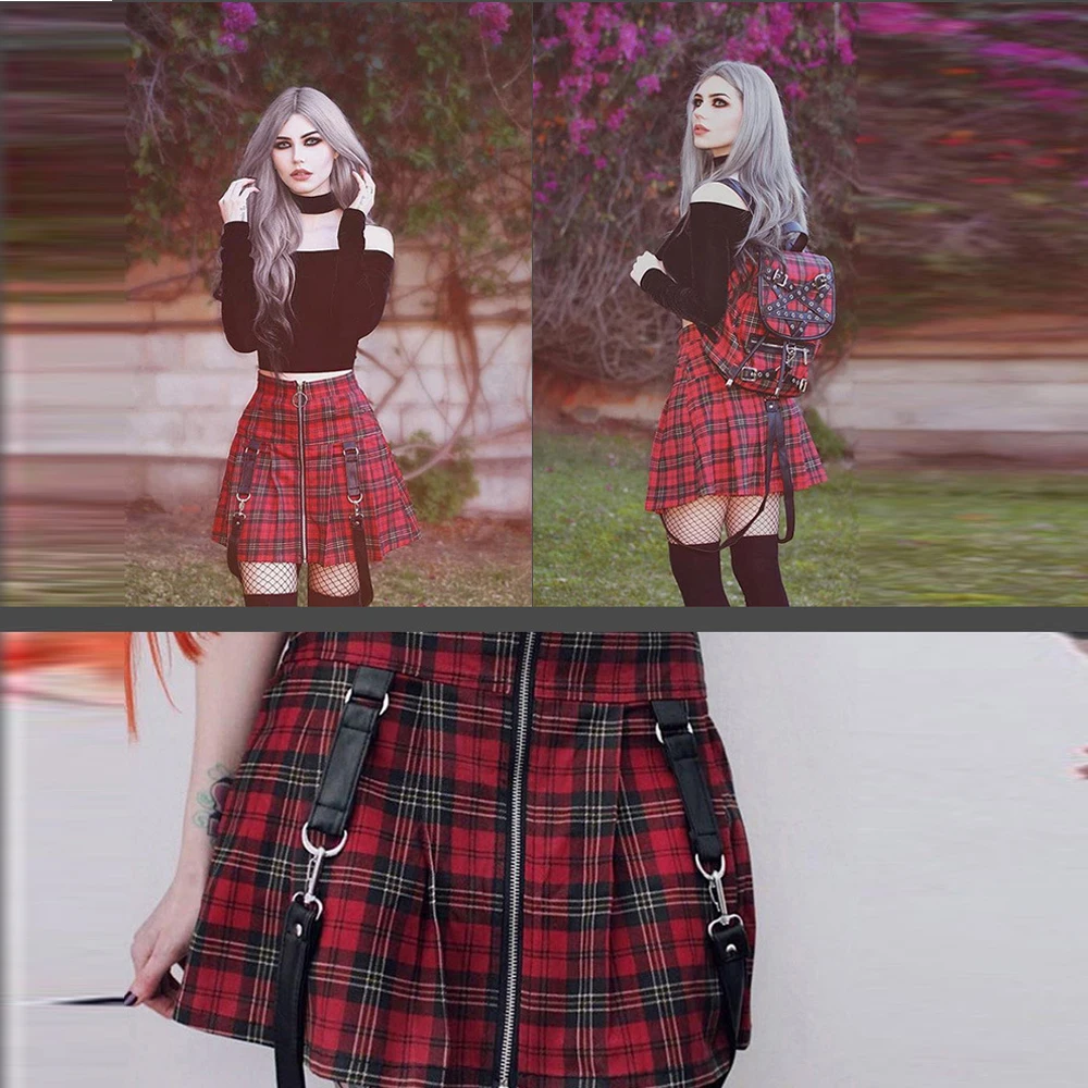 

Vintage New Women Skirts Summer Black Punk Rock Gothic Sexy Chic A Line High Waist Plain Belt Button Girls Retro Plaid Skirts
