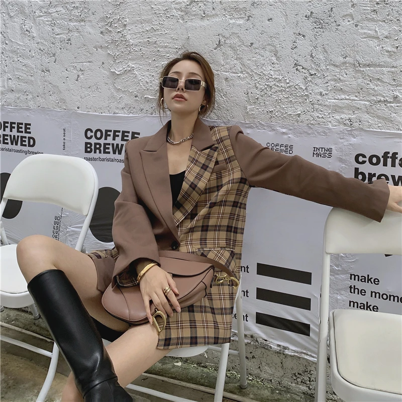 

2020 Women Autumn Loose Plaid Patchwork Blazer Coat Full Sleeve Suit Jacket Cardigan Outerwear