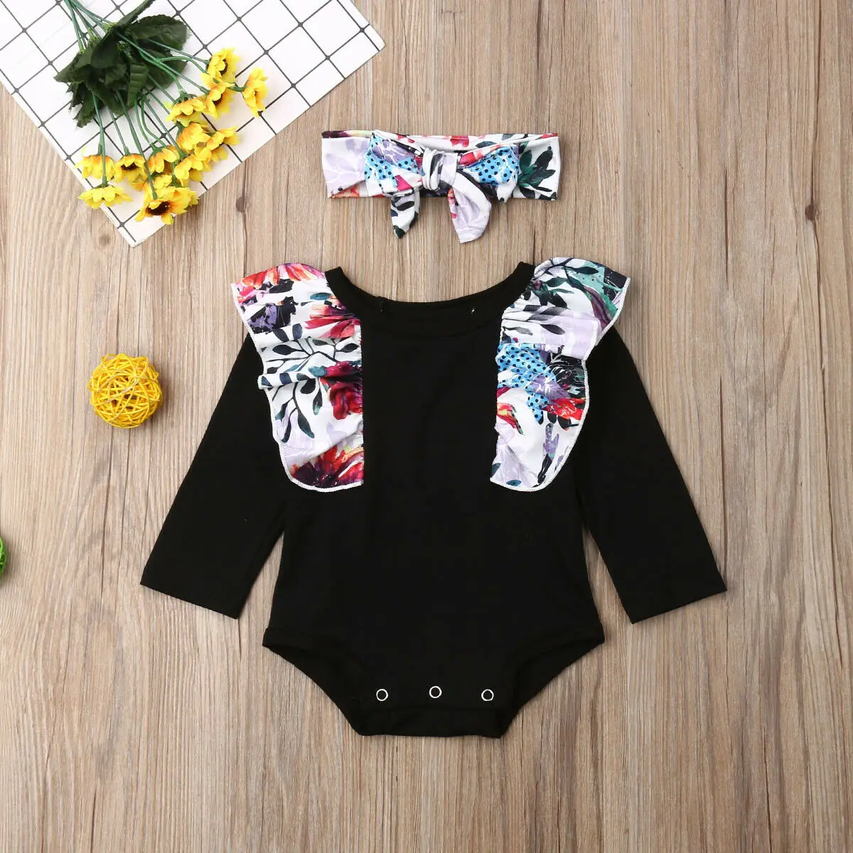 2019 Самые новые горячие новорожденные дети Девочки Рюши Флоральное плечо 2 шт. Тельняшки Комбинезон Наряды Кежуал Хлопковая одежда.