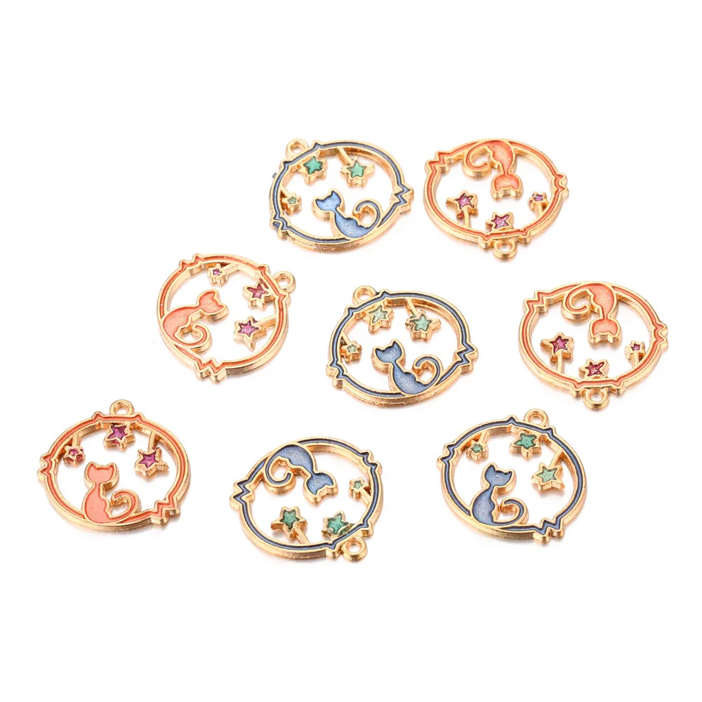 

20Pcs/lot Hollow Round Star Enamel Cat Charms Pendant For Jewelry DIY Making Necklace Pendant