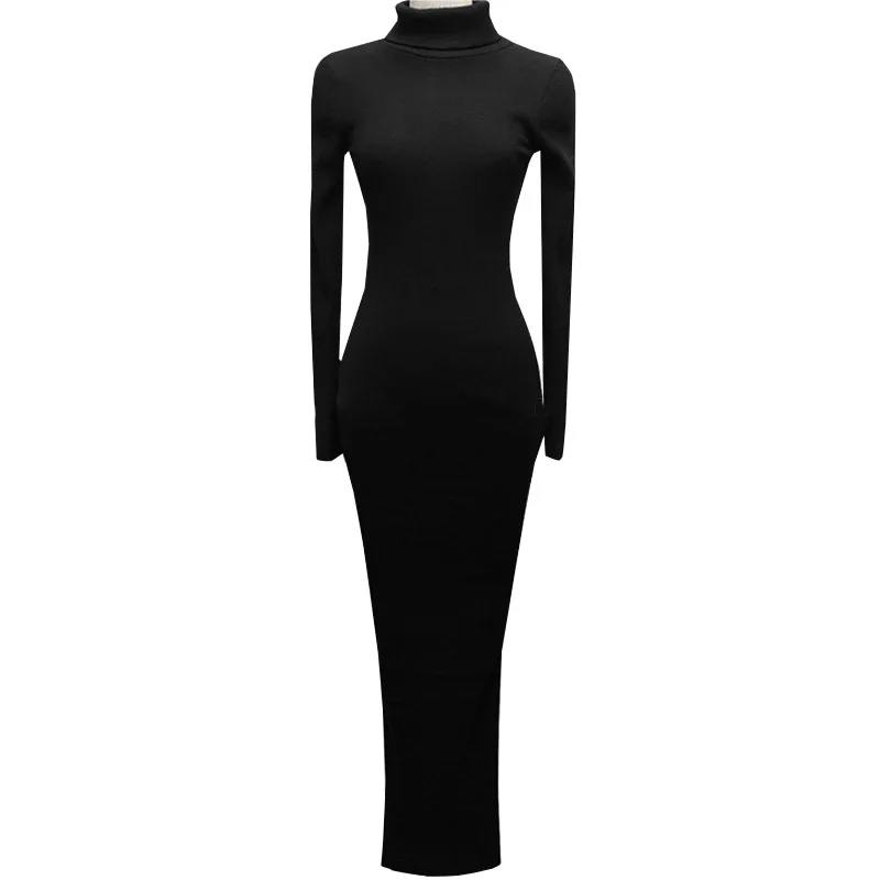 

Solid Color Slim Fitting Long Sleeve High Collar Skirt Women's Knitting Skirt Dress Wool Dress Dresses Women
