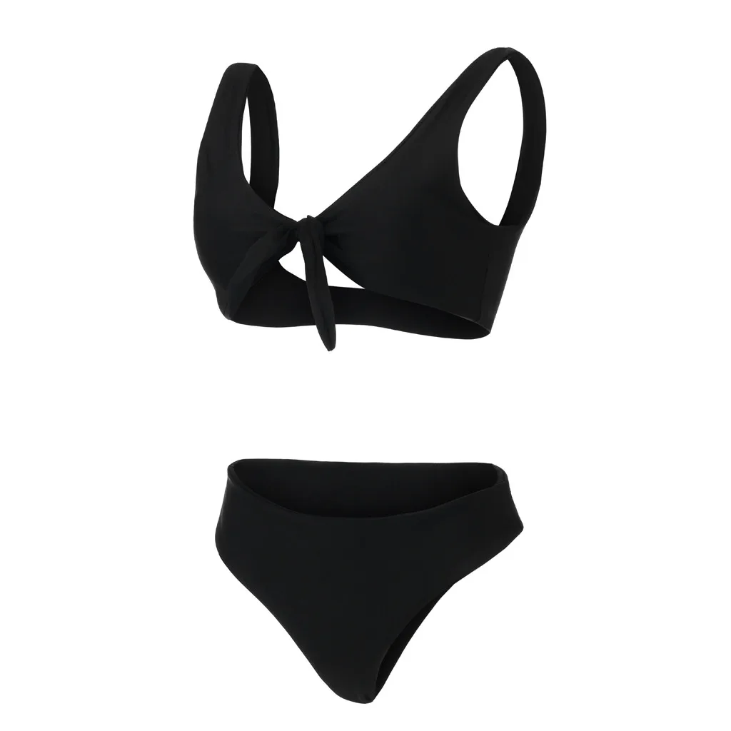 

2019 Bow knot Deep V Mid Waist Thong Sexy Bikini Set Push-Up Padded Bra Swimwear 2 Pieces Halter Beachwear trajes de bao mujer