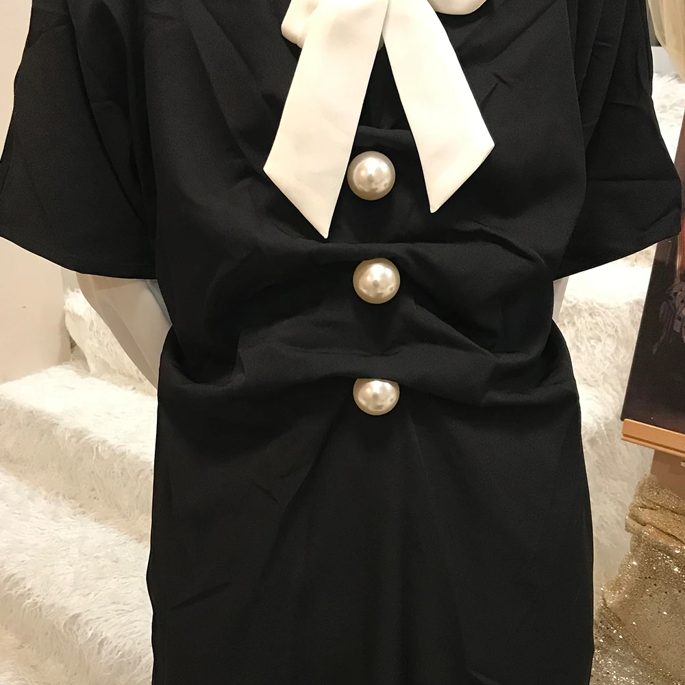 Винтажное женское платье с жемчугом черное хлопковое складками свободное