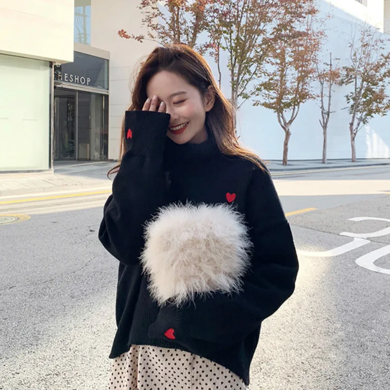 Turtleneck Sweater Women Printed Embroidery Simple Korean Style Harajuku Soft Warm Loose Students Streetwear Knitted Womens Chic | Женская