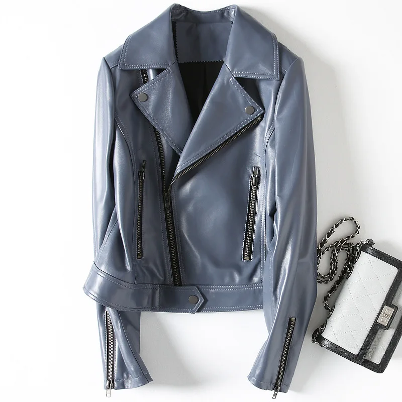 

Женская кожаная куртка, весенне-осеннее пальто, Женское пальто из настоящей овчины, приталенные мотоциклетные пальто и куртки, Chaqueta Mujer WPY1378