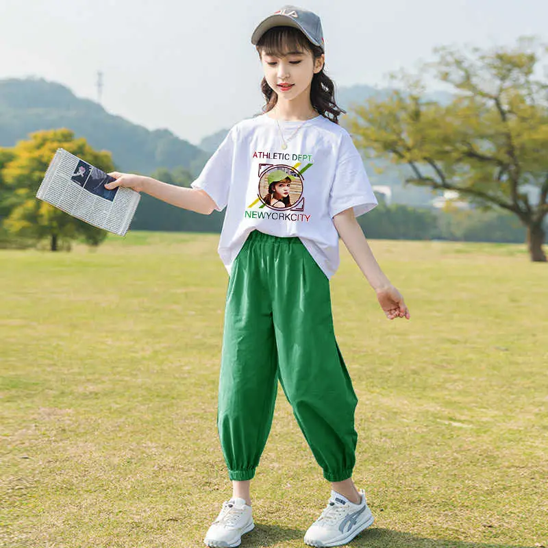 

Костюмы для девочек, новинка 2021, Детская летняя одежда в Корейском стиле, спортивные комплекты из двух предметов для больших детей