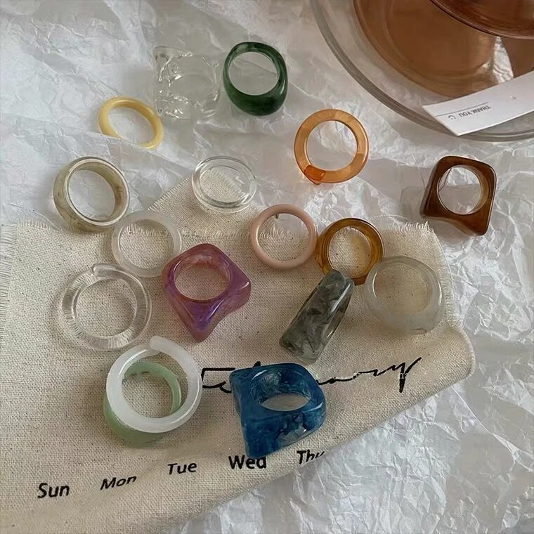 2022 New Kpop Trendy Colorful Transparent Geometry Arc Circle Resin Pattern Acrylic Rings for Women Girls aesthetic Jewelry Gift | Украшения