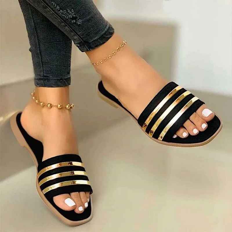 

Summer Women Shiny Golden Striped Slippers Fashion Outdoor Beach ladies Flat Shoes Comfortable Slip on Slides Plus Size 35-43