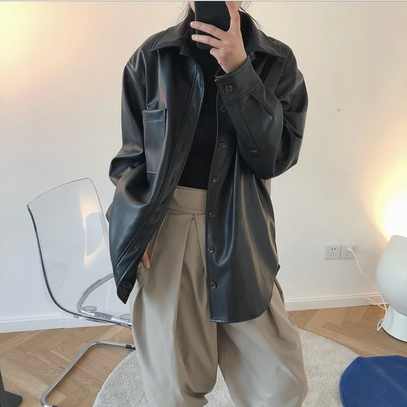

Autumn new winter retro modern high quality PU leather coat handsome smart blouse loose long-sleeved jacket female high quality