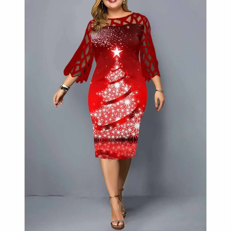 

Elegant Dress Plus Size 2021 Women Floral Print Mid Dresses Red Autumn Ladies Sexy V-neck Christmas Club Party Dress 4XL 5XL
