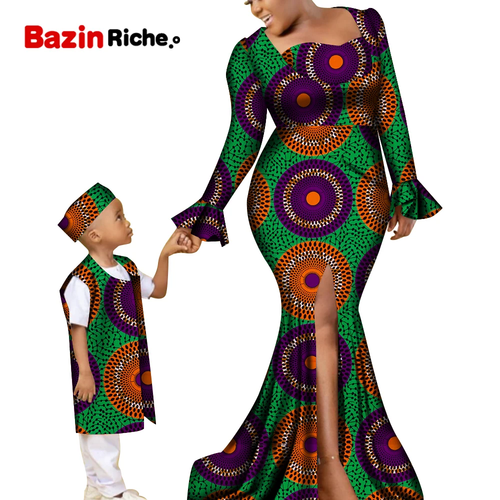 

African Mother Son Family Matching Outfits Clothes Sleeveless Jacket And Hat For Boy Sexy Dress For Lady Plus Size Maxi WYQ736