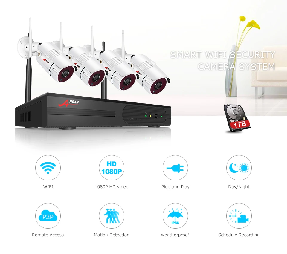 ANRAN, система видеонаблюдения, Wifi, 1080 P, NVR, комплект, 4CH, 1080 P, HD IP камера, уличная, ночное видение, камера безопасности, система